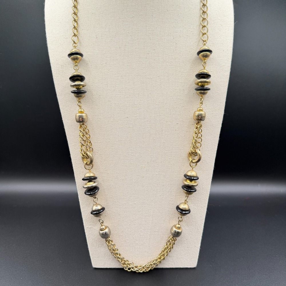 Gold Tone Black Beaded Multi Chain Necklace Long Boho Statement Vintage Layering